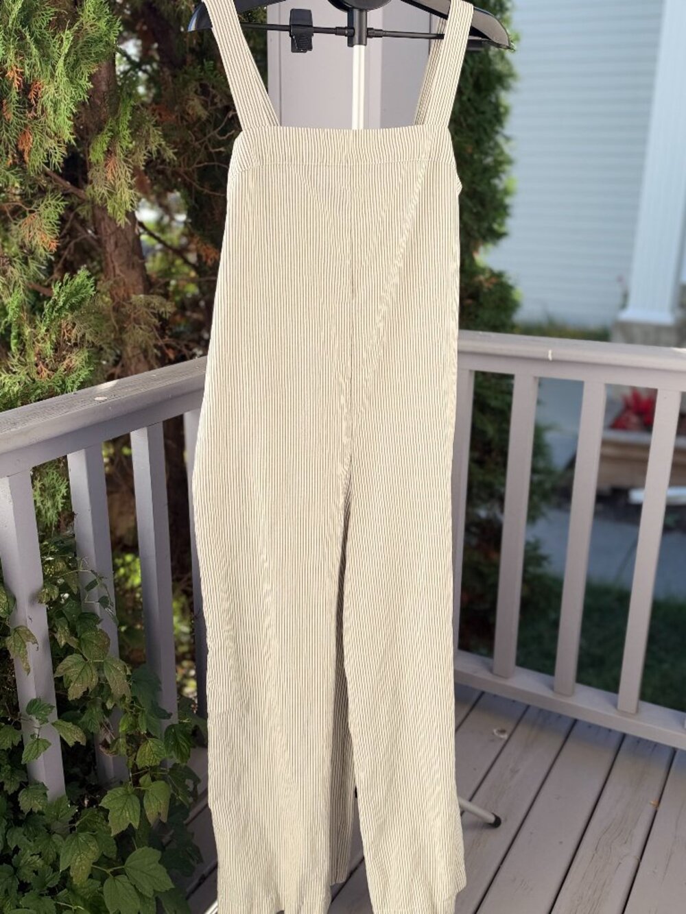 Uniqlo Linen Blend Striped Wide Leg Jumpsuit Overalls L White Olive